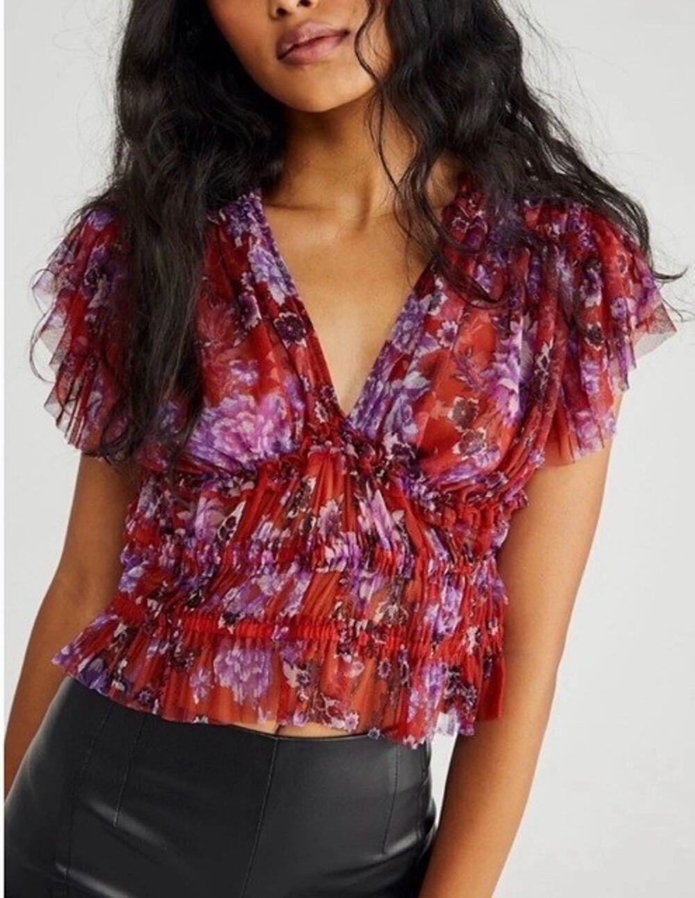 Free People Making Me Smile Top Small Multi Floral Pleated Mesh Cropped V Neck
